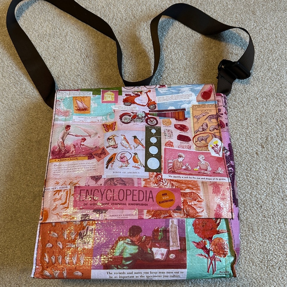 Blue Q collage-style funky messenger bag